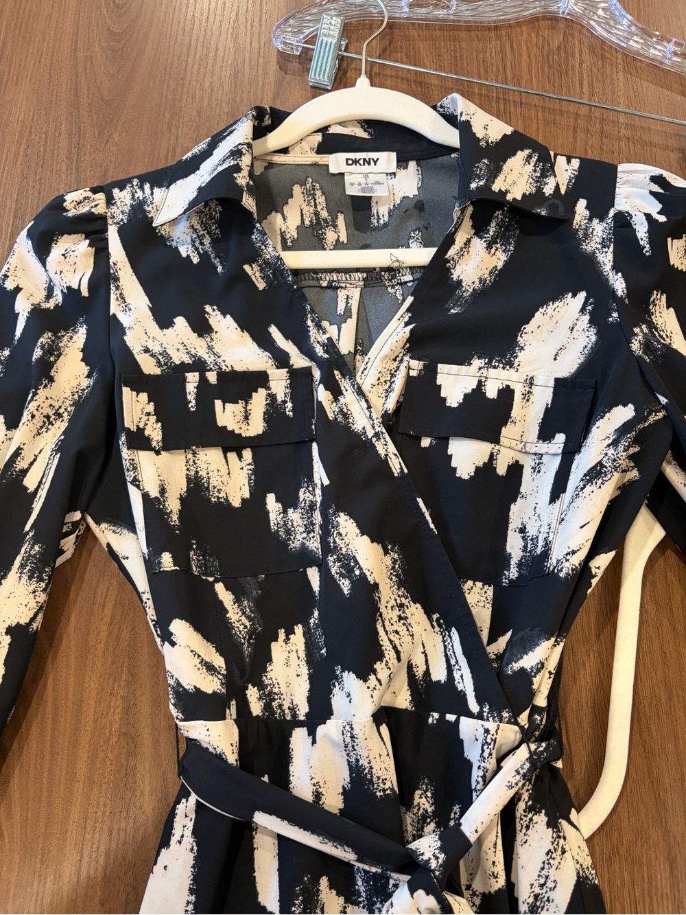 DKNY Black and White Brushstroke Long Sleeve Wrap Dress